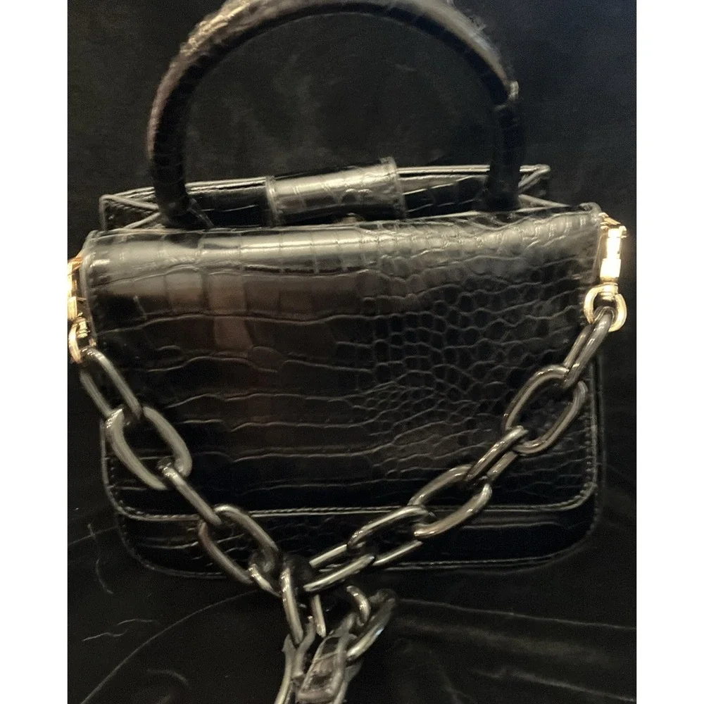 HOUSE OF WANT Newbie Satchel Bag Black Gold Hardware Croc Vegan Leather Purse